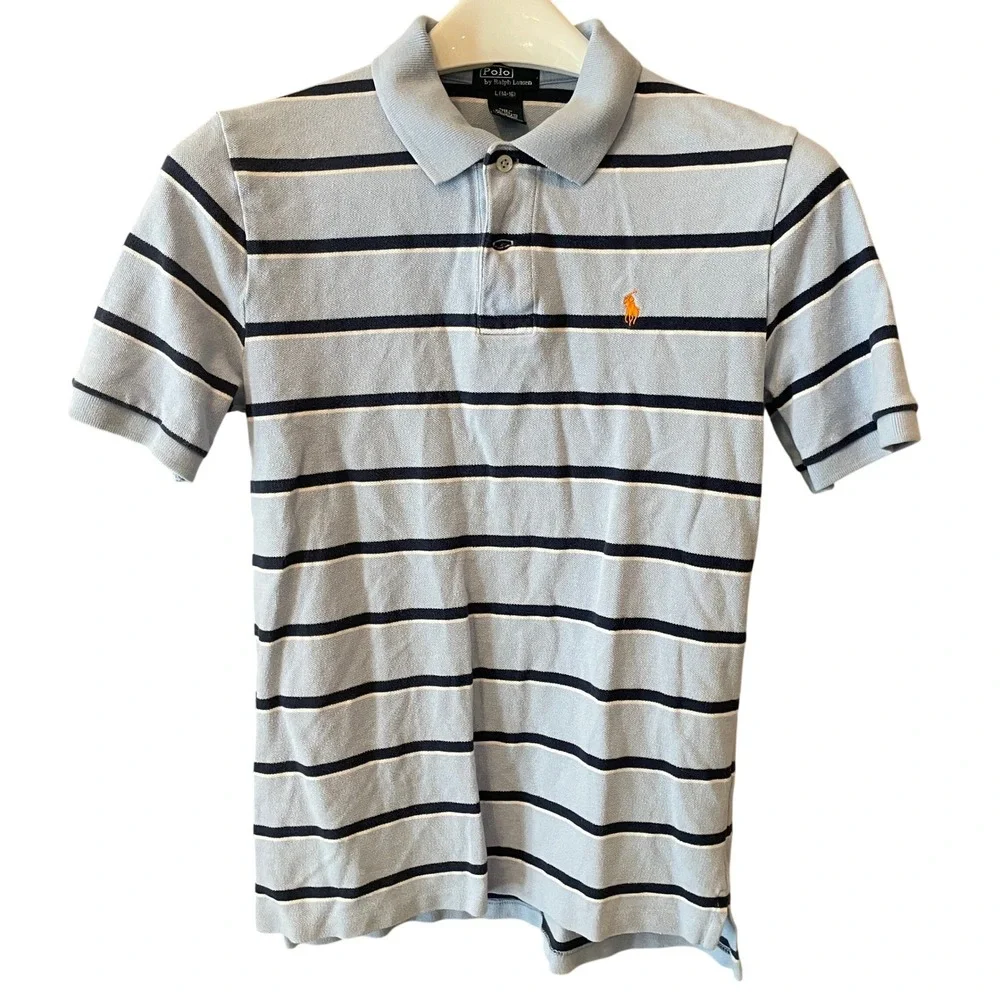 Polo Ralph Lauren Boys Light Blue Navy Striped Polo Shirt L 14-16 Orange Pony